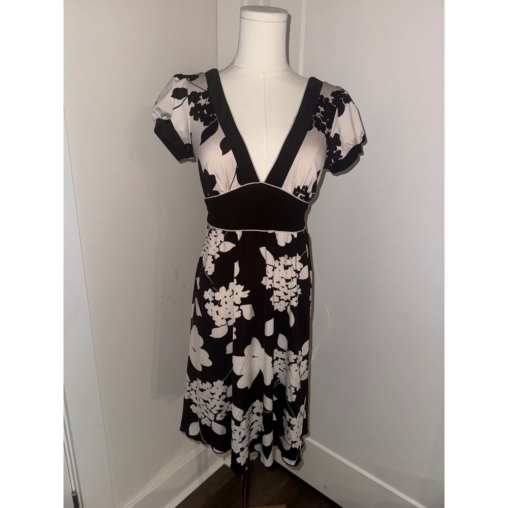 Brown White Floral V Neck Short‎ Sleeve Empire Waist Midi Dress Women